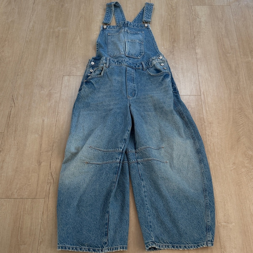 We The Free Good Luck Denim Square Neck Barrel Leg Overalls, SIZE MEDIUM - Picture 4 of 10